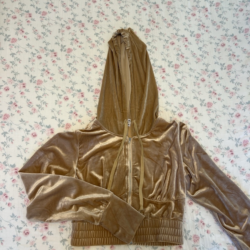Chic Velvet Hooded Bomber Jacket in Tan